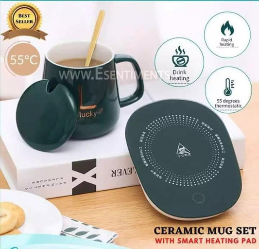 Electric Heating Cup Pad with Ceramic Mug, Lid & Spoon / Portable Coffee Heating Mug Set