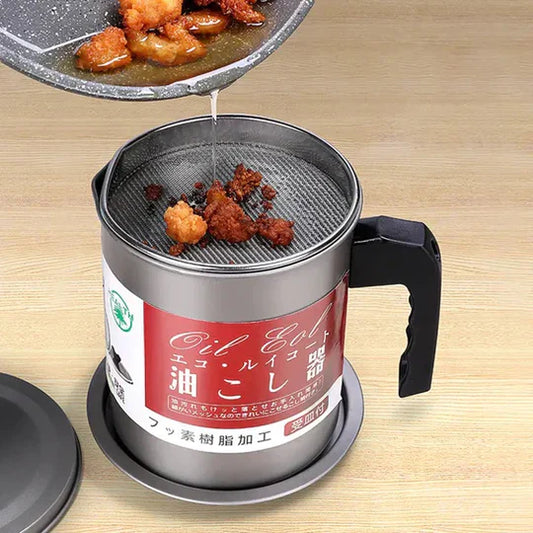 "Stainless Steel Oil Filter Pot: Kitchen Oil Separator with Fine Mesh Strainer"